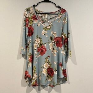 Gorilla Cat Blue V-Neck Floral 3/4 Length Sleeve Oversized Blouse - Size Small